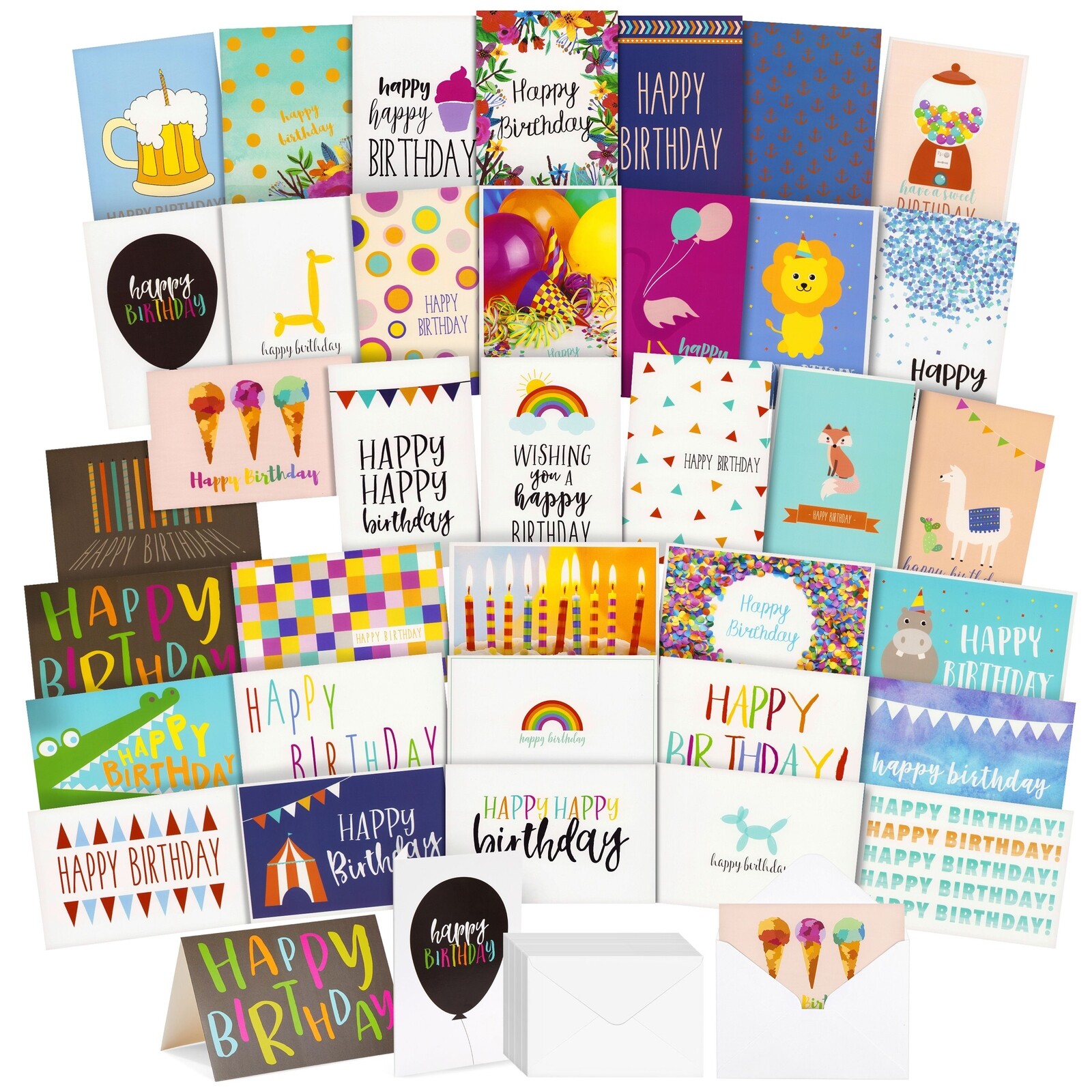 36 Pack Assorted Birthday Card Set with Envelopes, Bulk (4x6 In, Blank Inside)