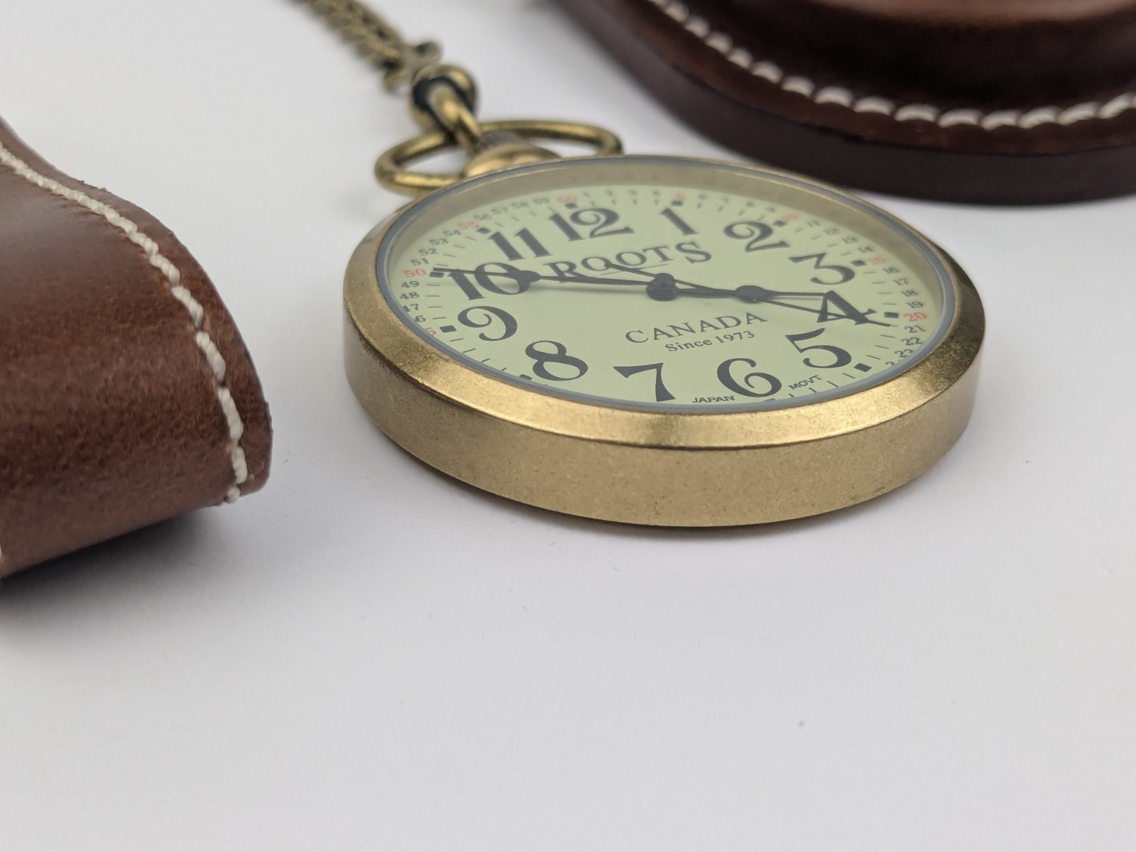 Vtg Roots Canada Pocket Watch R89 With Fob Chain 43mm Leather