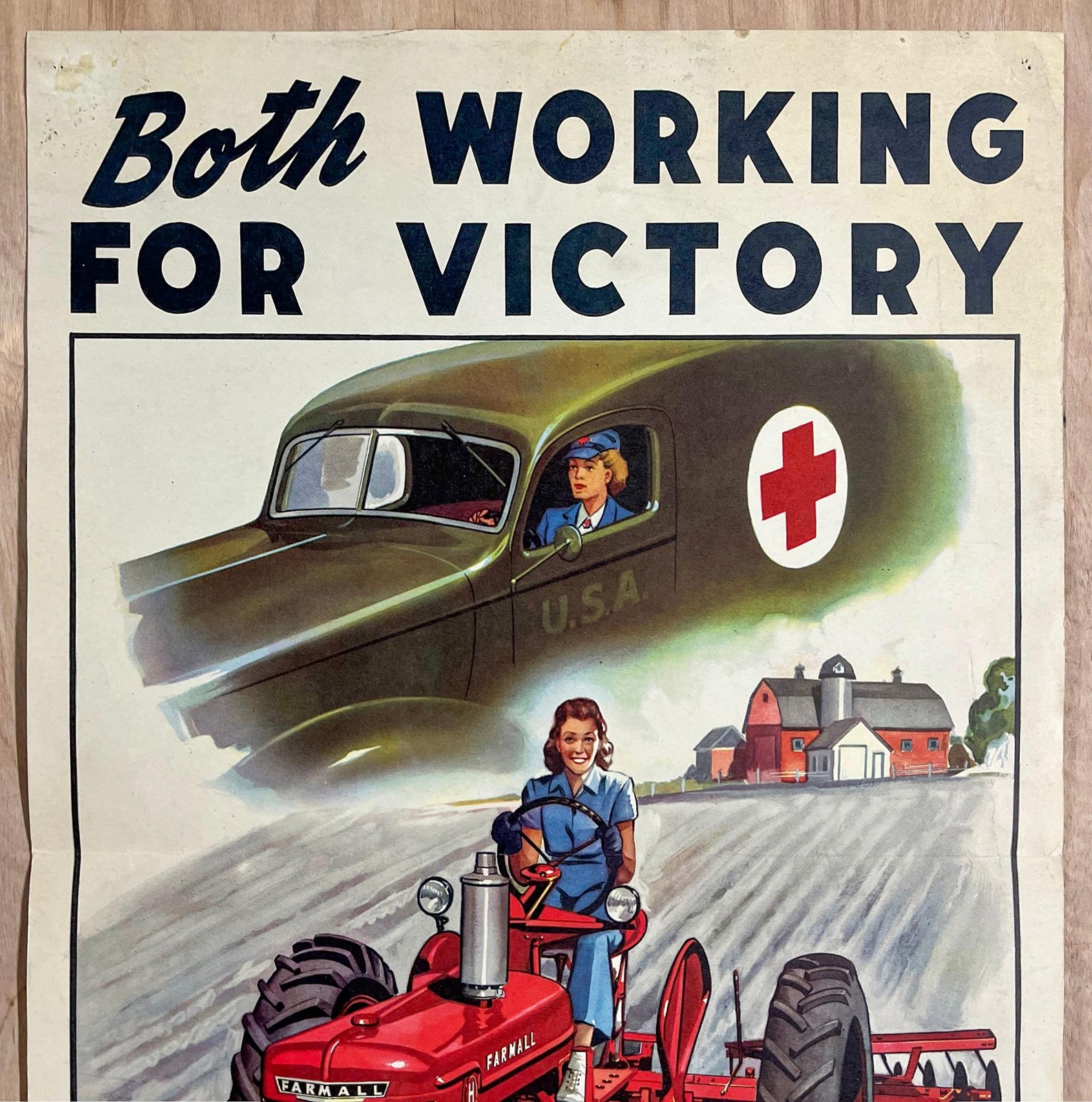 c.1943 NOW Farm Work is War Work Poster International Harvester Farmall Tractor