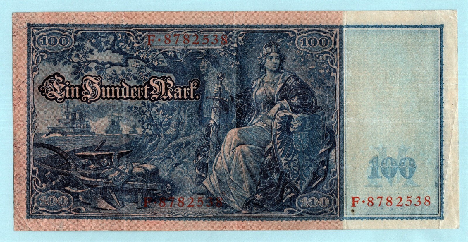 GERMANY 100 MARK REICHSBANKNOTE BANKNOTE 1910 RED SEAL LARGE CRISPY NOTE VF+