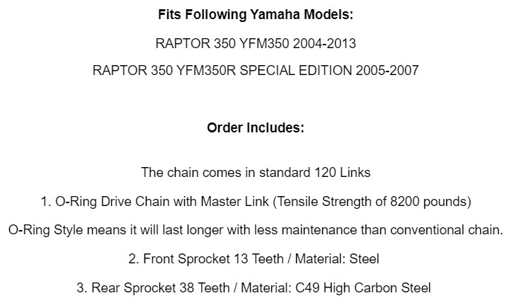 Black O-Ring Drive Chain & Sprocket Kit for Yamaha Raptor 350 YFM350 2004-2013