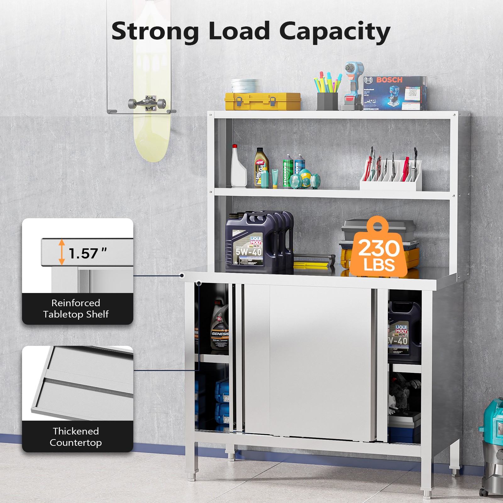 Stainless Steel Table Heavy Duty Pre Table with Overshelves and Storage Cabinet