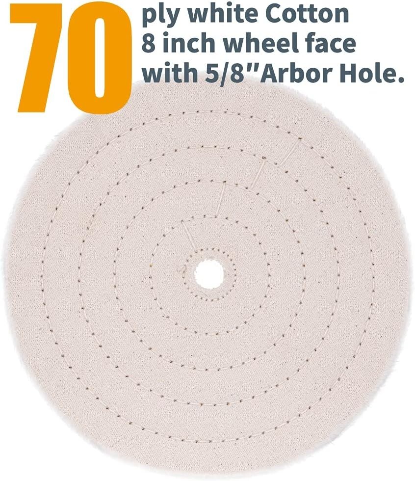 POWERTEC Assorted 8 Inch Buffing Wheels Set w/White and Yellow w/Arbor Hole, 2PK