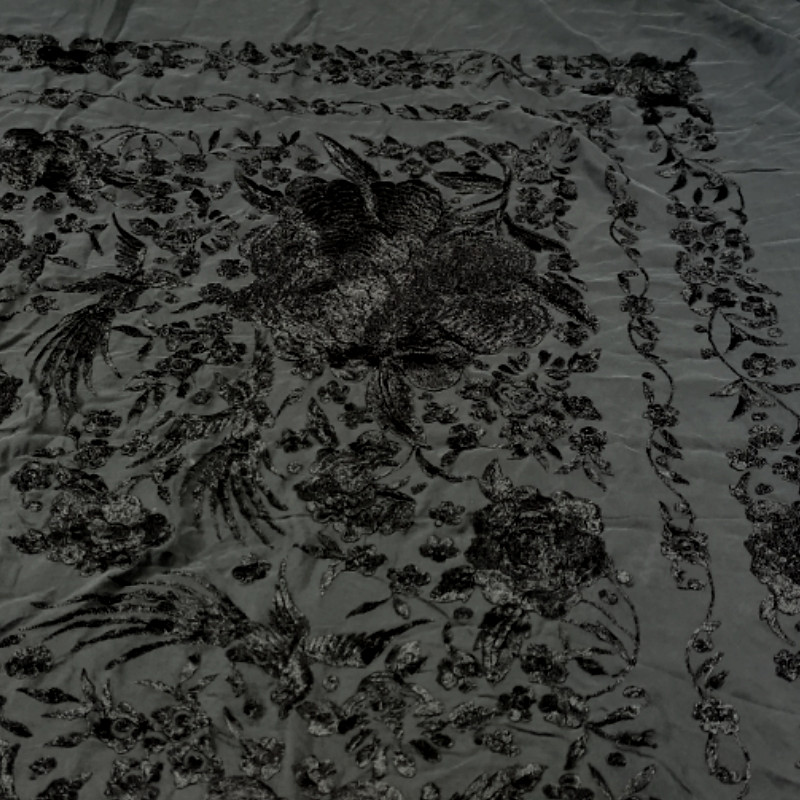 Antique Hand-Embroidered Silk Piano Shawl Wrap Floral Fringe 51" Vintage Luxury