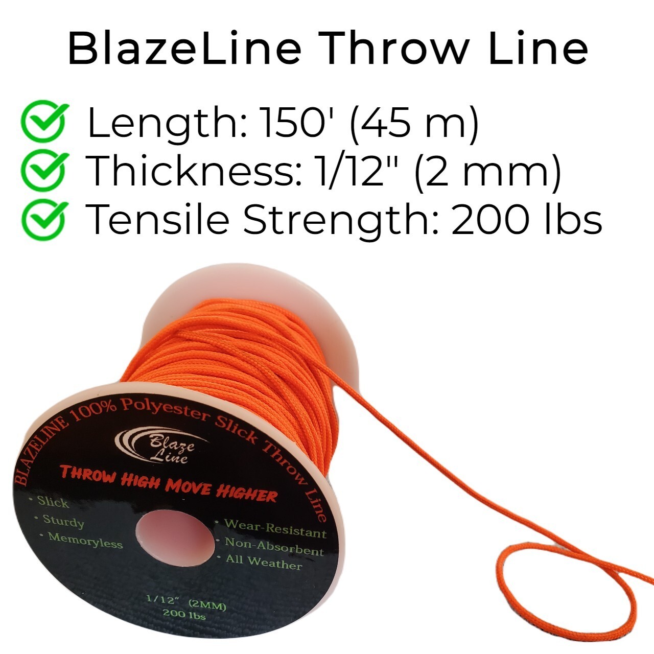 Arborist Climbing Throw Line 2 mm (1/12 in) 150 ft Spool Cord 200 lbs Tensile
