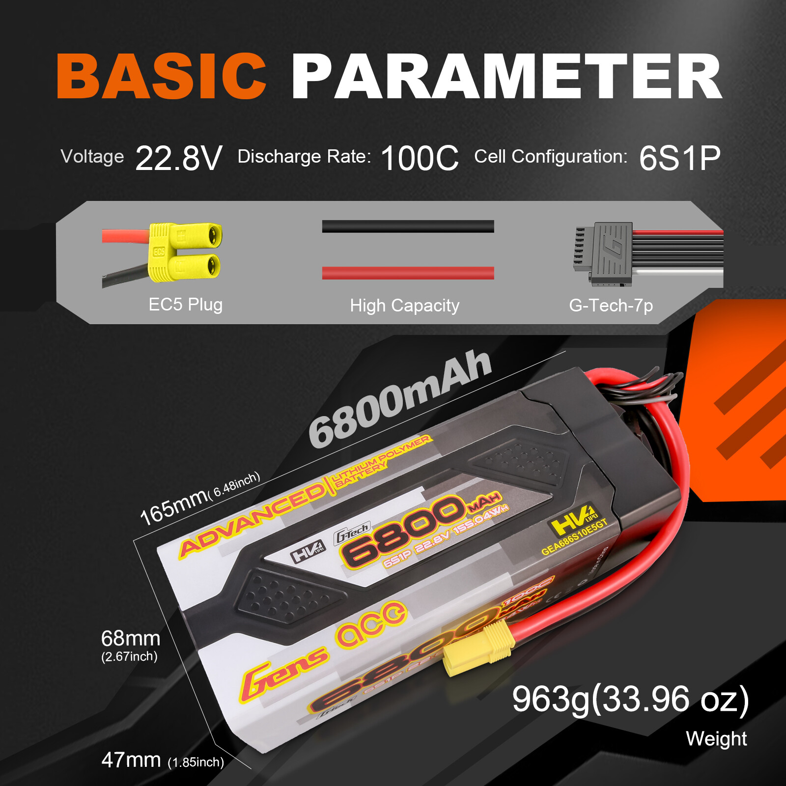 Gens Ace G-Tech Advanced 6800mAh 22.8 V 100C 6S HardCase Lipo Battery EC5 Plug
