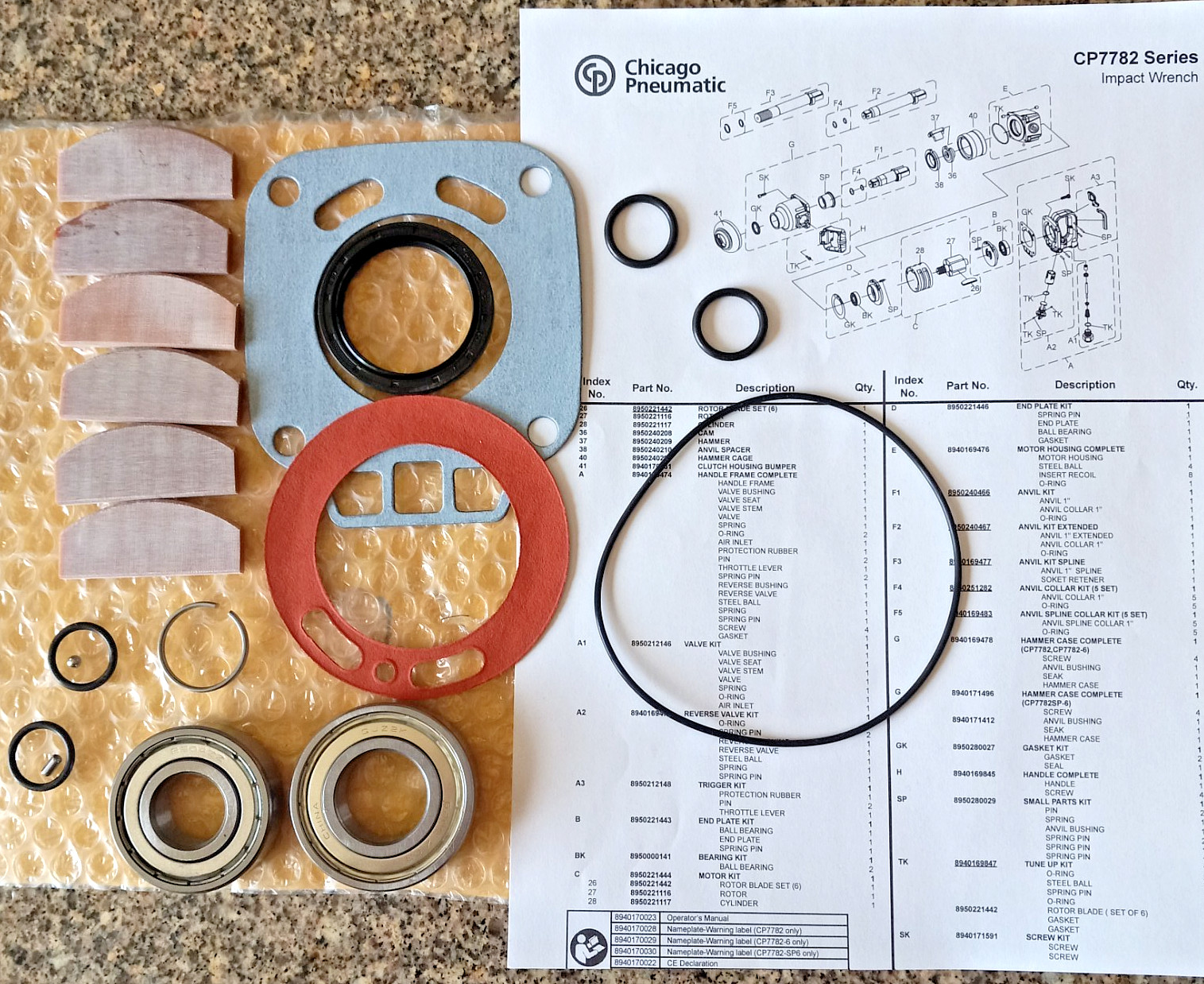 CHICAGO PNEUMATIC 7782 TUNE UP KIT 8940169847+BEARINGS+FRONT SEAL+1" RING KIT