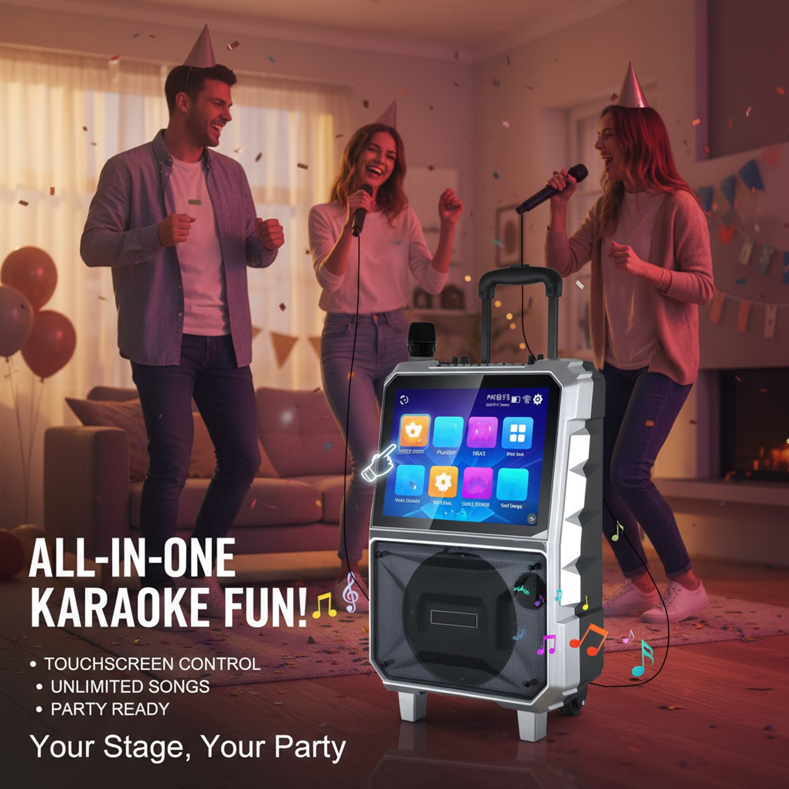 Professional Karaoke Machine BT Speaker w/ Wireless Mic & Lyrics Display Screen
