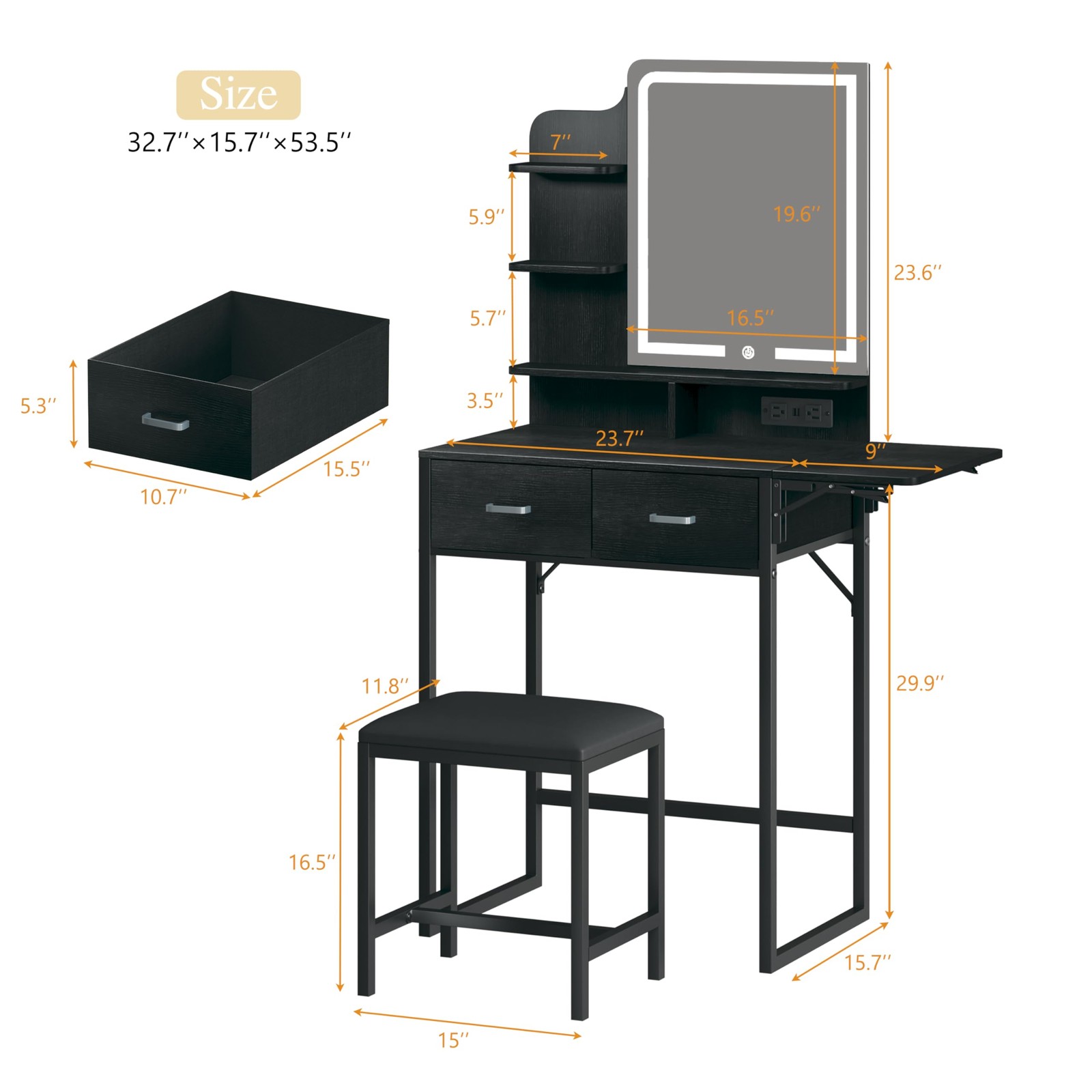 Makeup Vanity Desk with Mirror and Lights, Small Vanity with Chair & Shelves