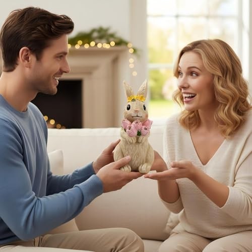 Solar Garden Rabbit Statue with Flowers & 5 LED Lights - Outdoor Yard Decor, Uni