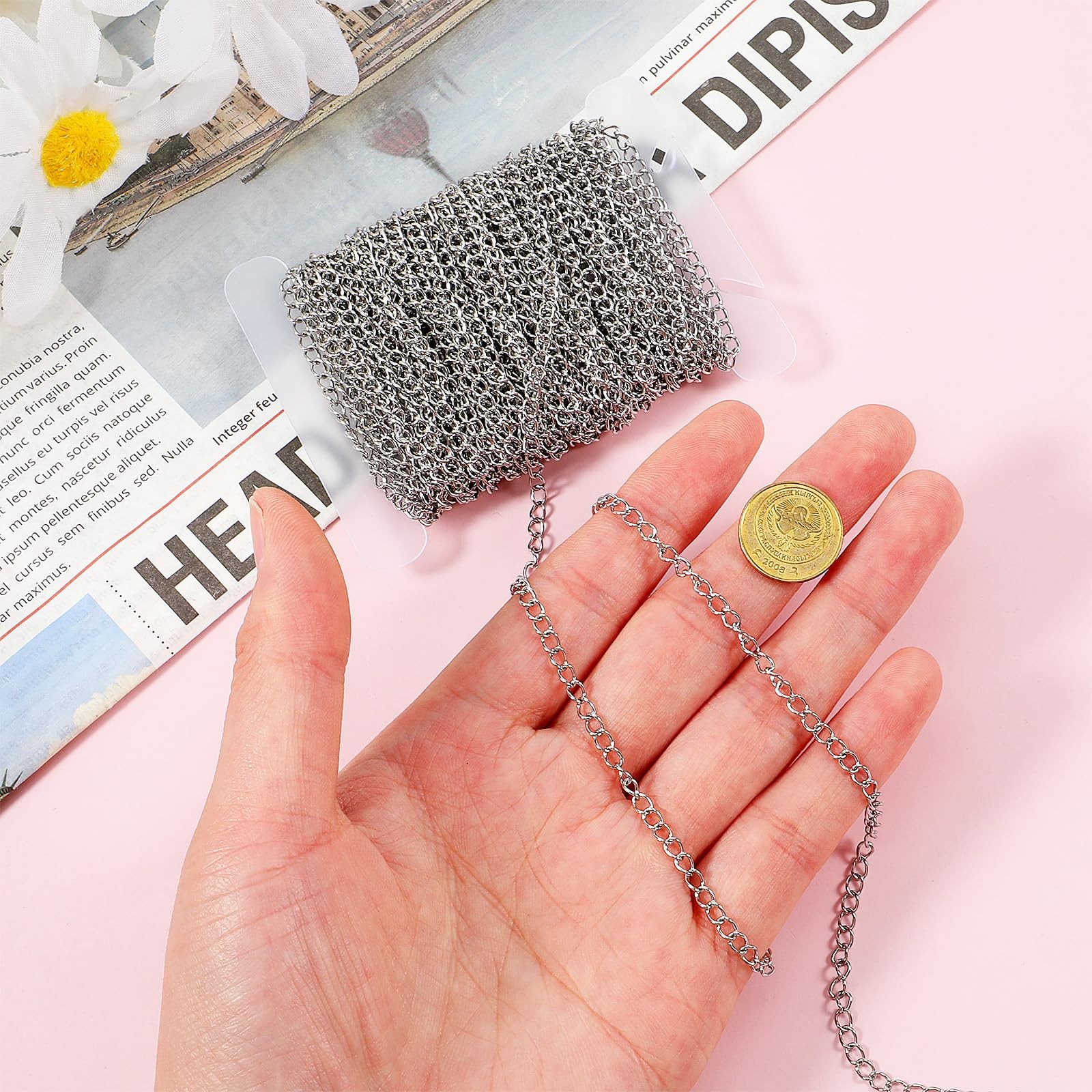 Curb Chain for Jewelry Making 3mm 33 Ft Silver Roll Stainless Sliver