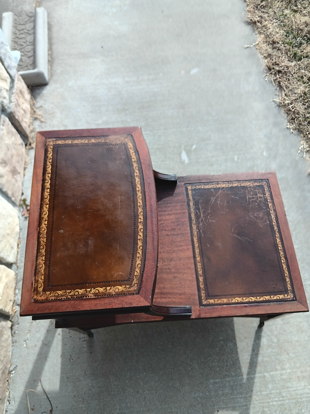 Walnut Carolina Co. Step End Table With Leather Top Drawer And Caster Wheels