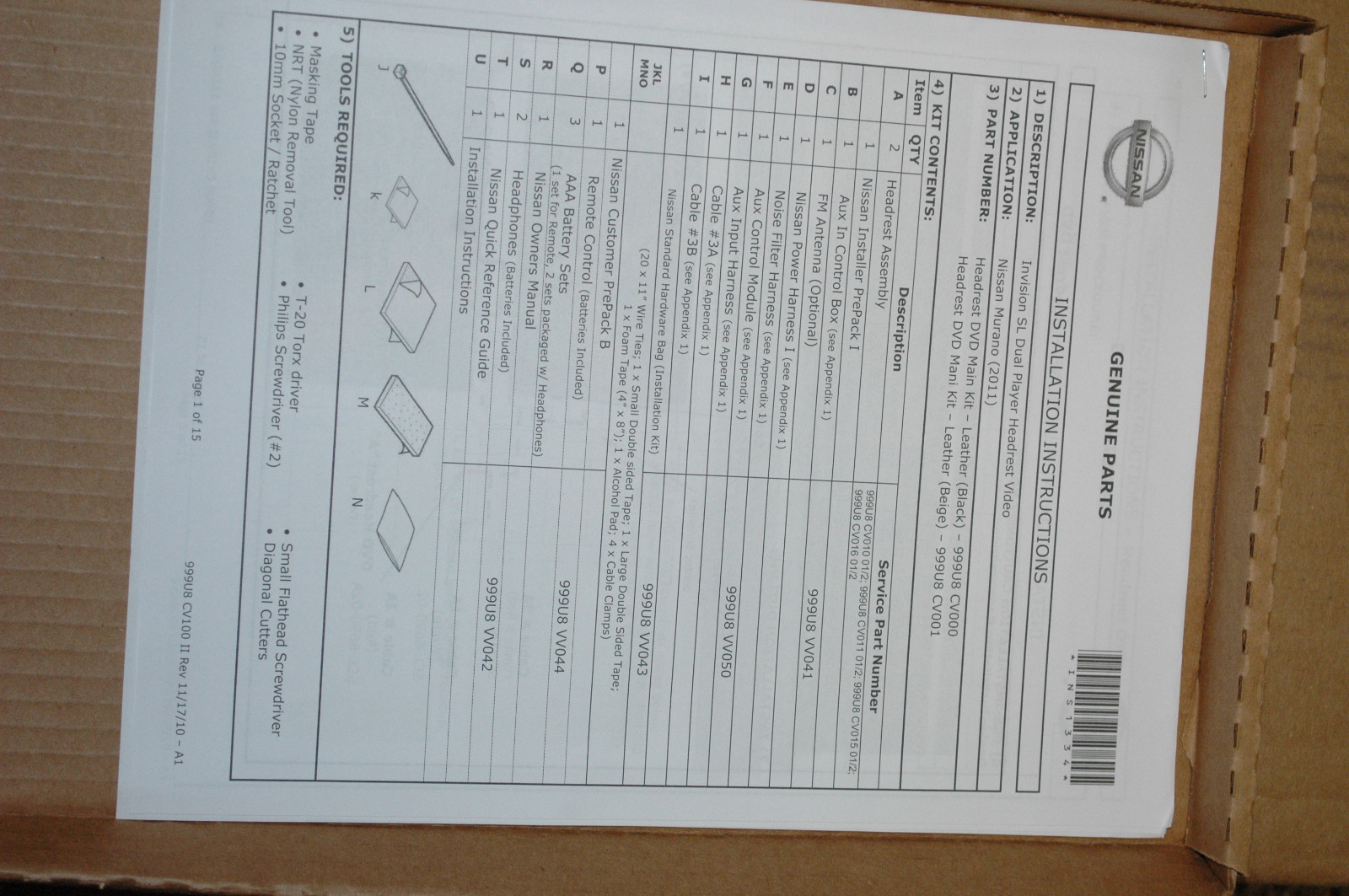 Authentic Nissan Headrest DVD Beige leather Murano 999U8-CV001 2009-2015