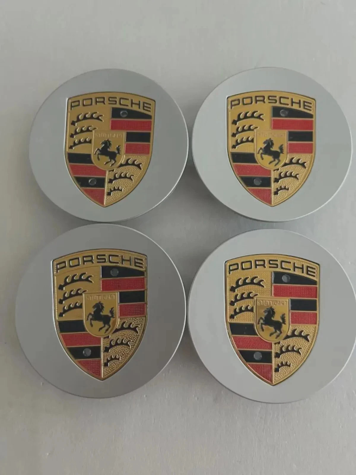 4 Porsche Silver Center Caps Concave 76mm Royal Crest 992 cayenne ,911, Carrera,