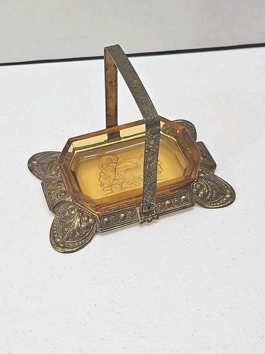 Antique Czech Amber Glass Salt Cellar Intaglio Design Ornate Brass Holder RARE