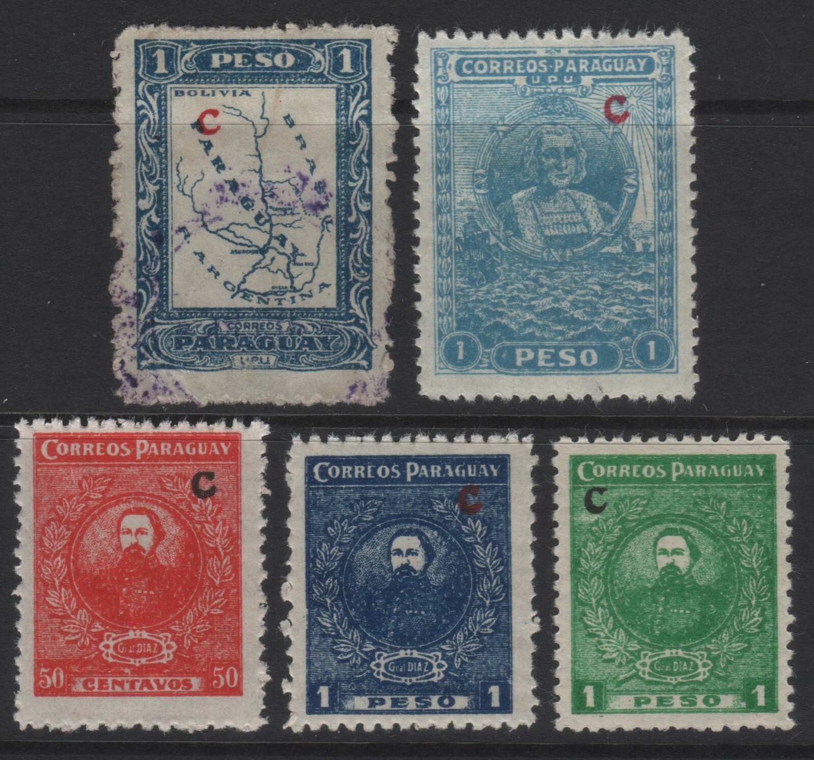 Paraguay Scott L6-L10 Interior Office Issues 1924-1926 VF Overprint Selection.