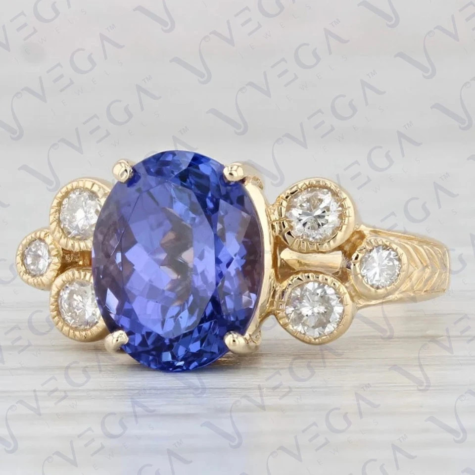 3.11 Ct Oval Cut Tanzanite Diamond Ring Wedding Ring 14K Yellow Gold