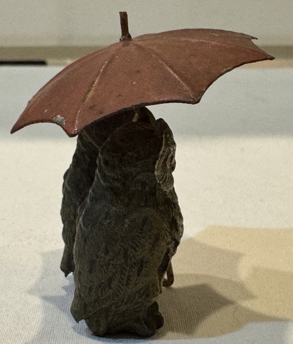 Antique Austrian Bronze Pair of Owls with Red Umbrella- Hand Painted 2in