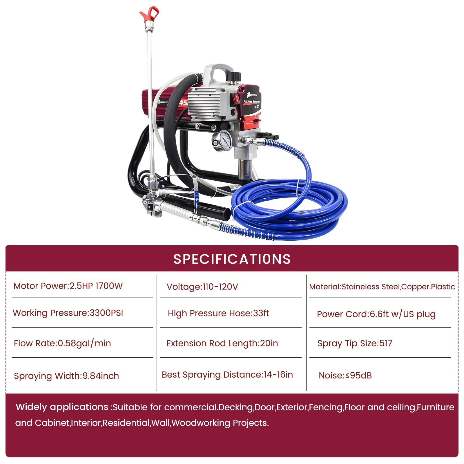 2.5HP Electric Airless Paint Sprayer High Efficient 3300PSI W/Extension Rod 110V