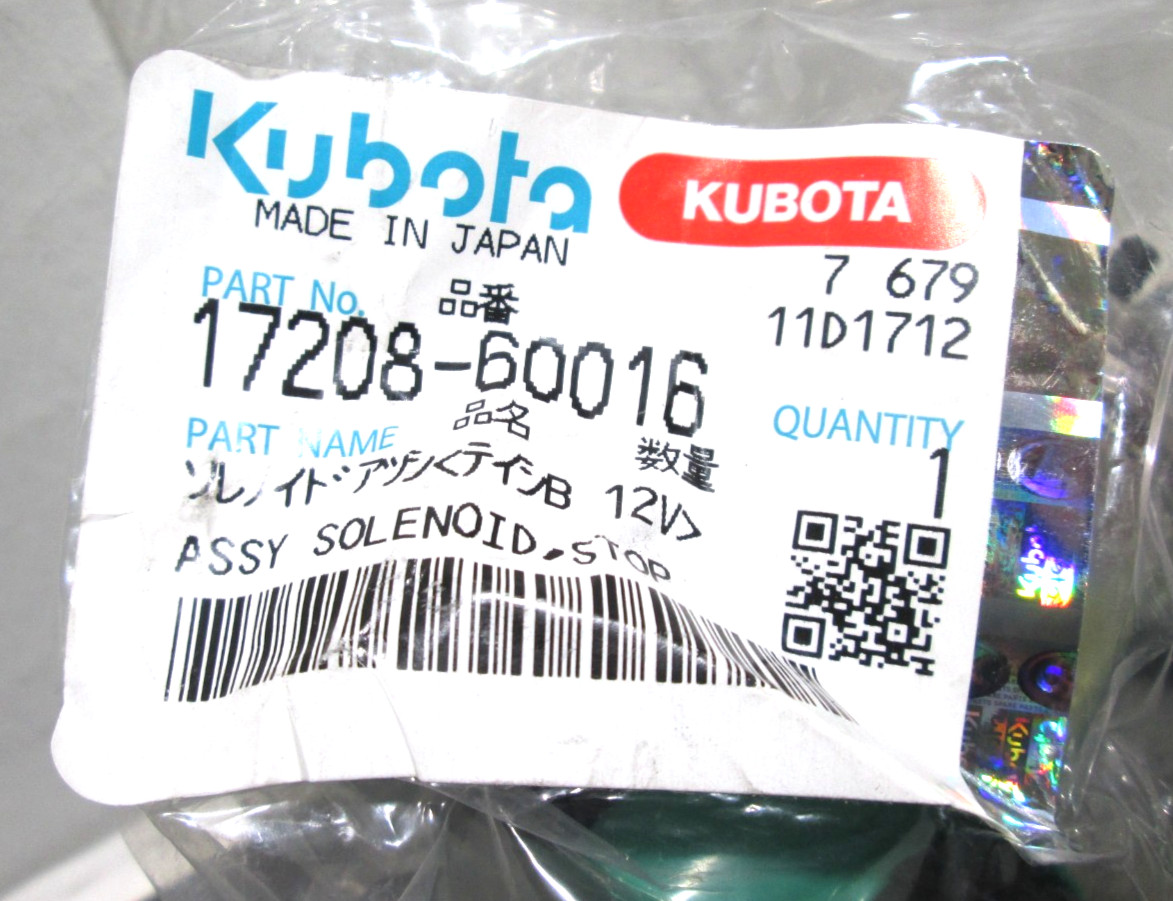 KUBOTA FUEL SHUTOFF SOLENOID 17208-60016 D905 D1005 D1105 V1305 V1505 GENIUNE