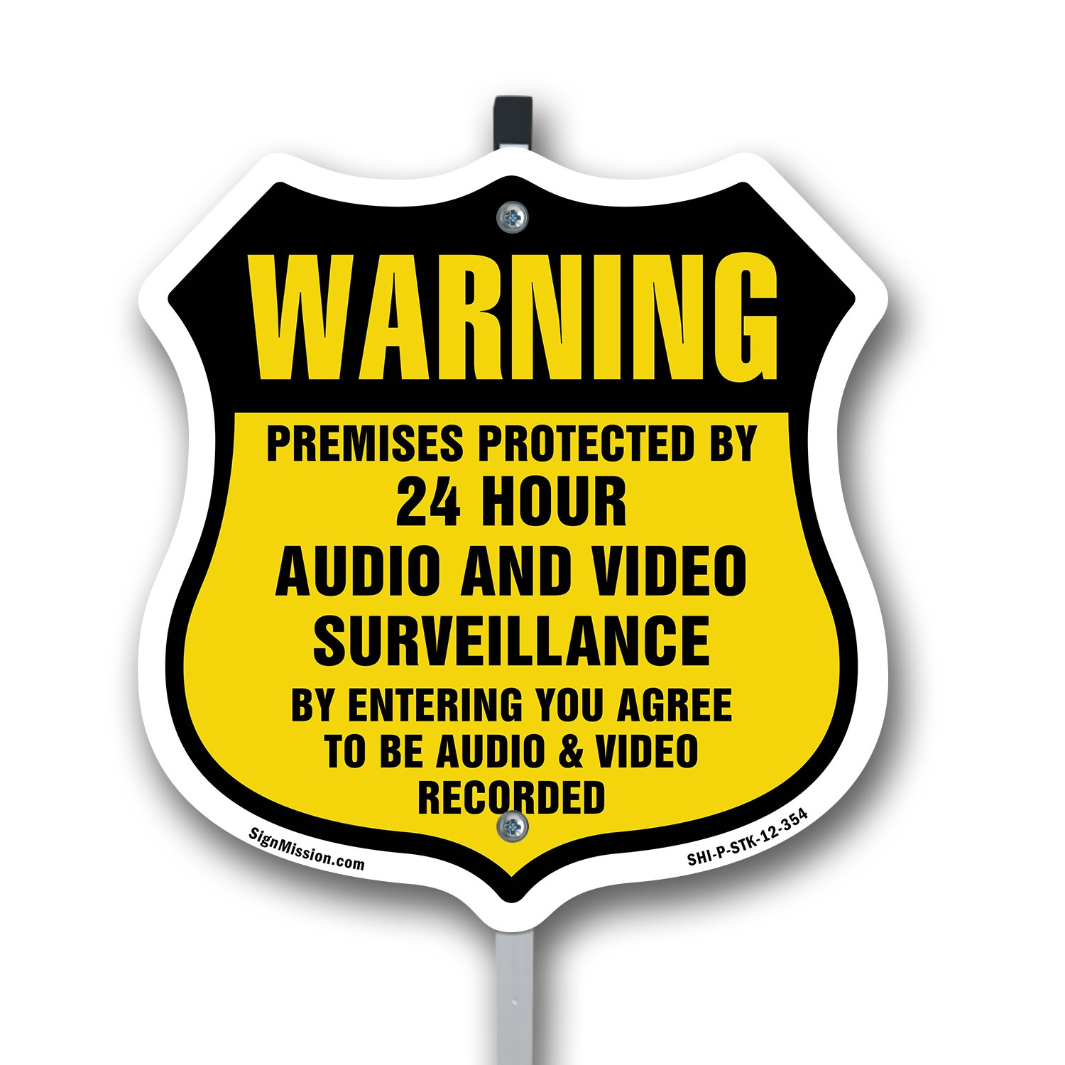 24 Hour Surveillance Shield Sign Warning Premises Protec Shield Sign With Stake