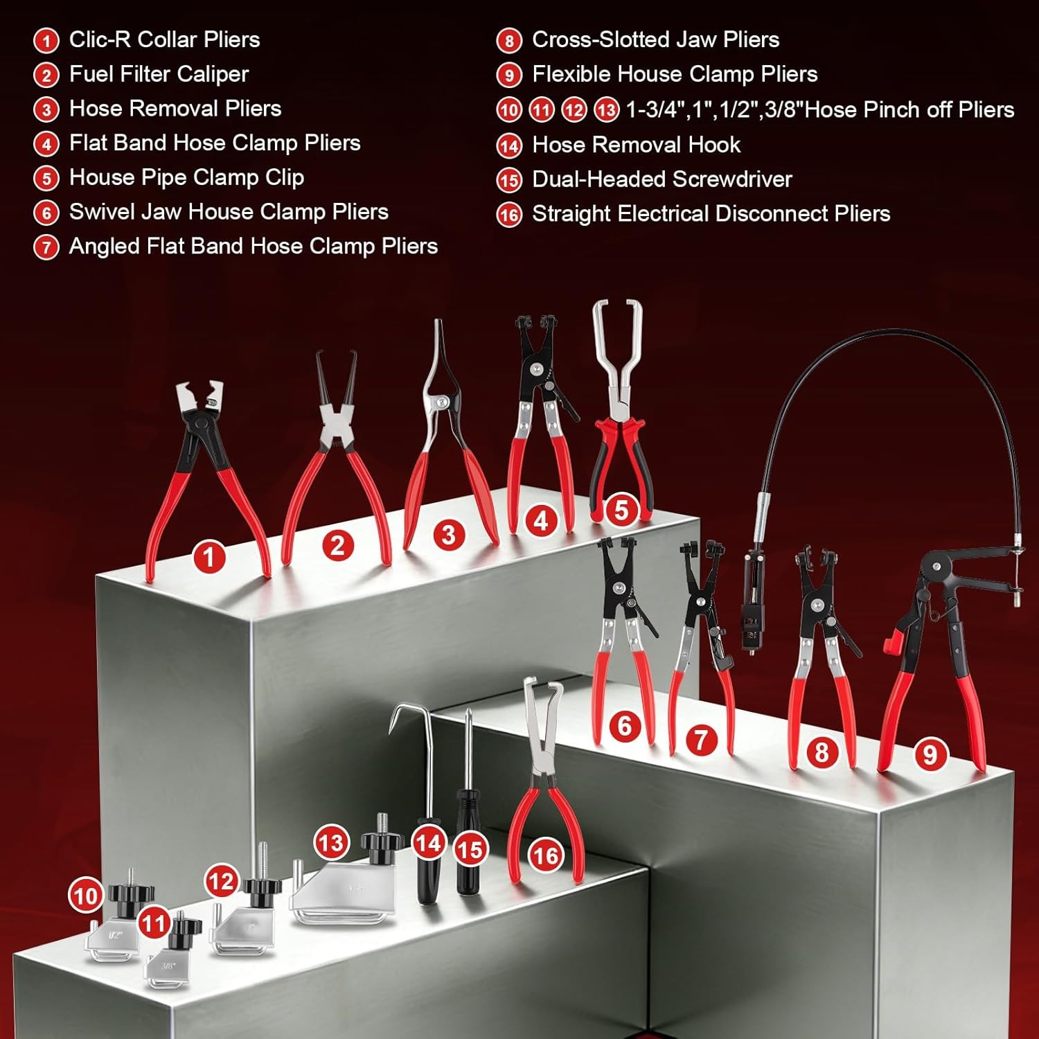 16PCS Hose Clamp Pliers, Hose Clamp Removal Tool Kit with Long Reach & Flexible