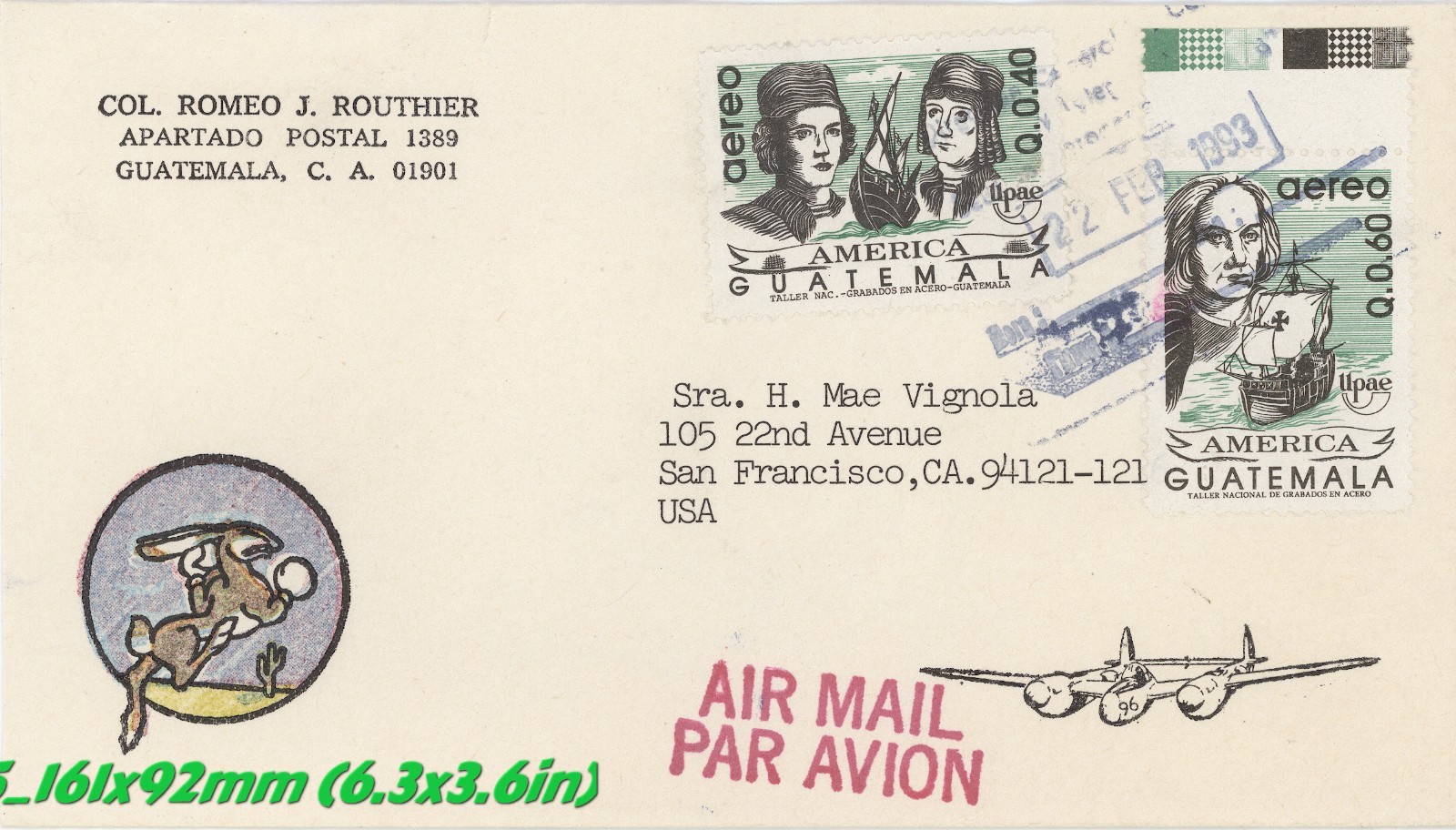 1993 Guatemala Airmail Cover to USA – US Military Sender UPAE Columbus Issue