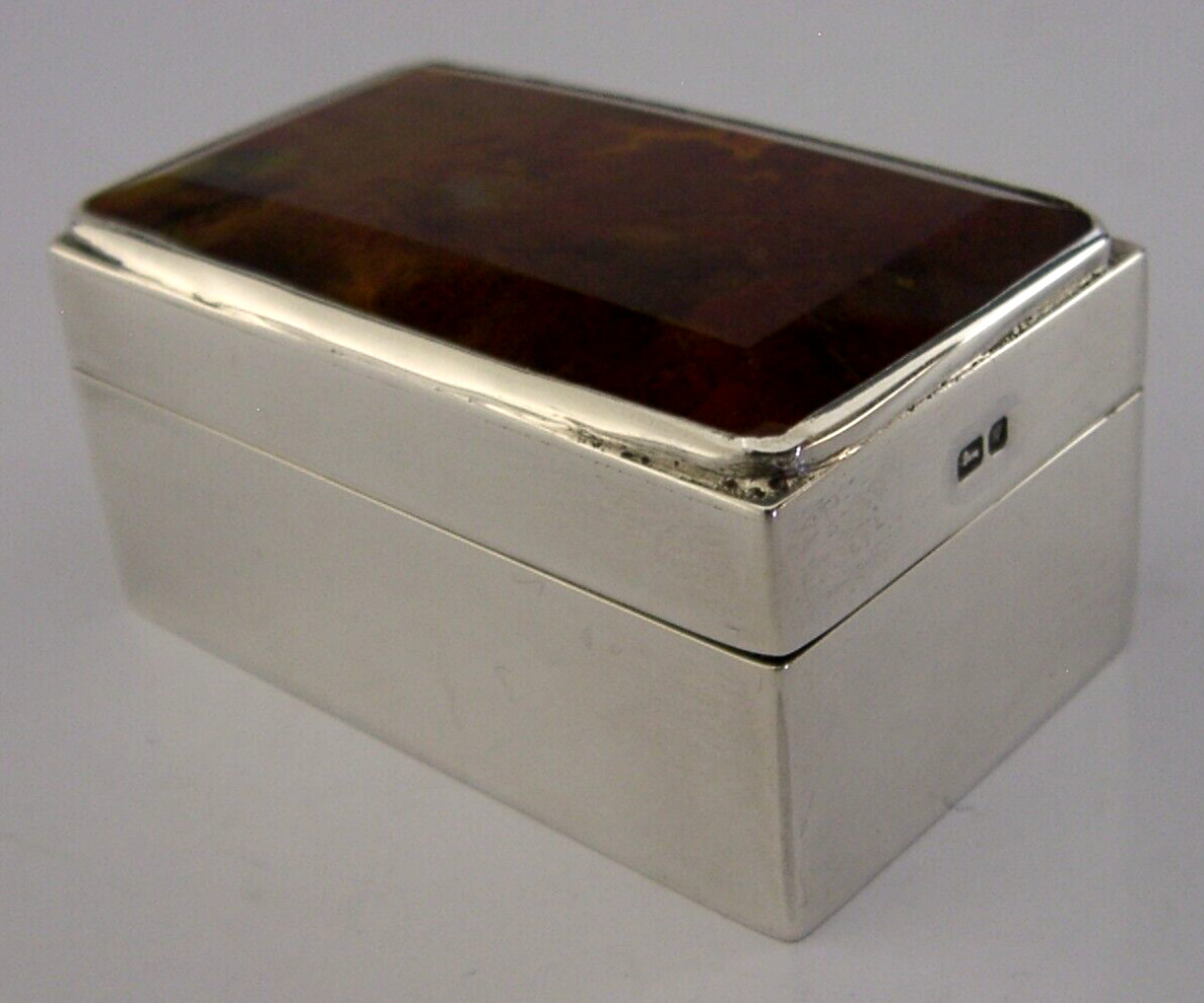STUNNING HEAVY SOLID STERLING SILVER AGATE TABLE SNUFF BOX 1991 ENGLISH 82g