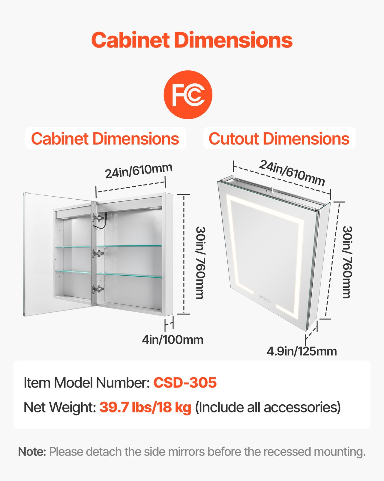 VEVOR Lighted Medicine Cabinet with HD Mirror 24 x 30 in Recessed or Wall Mount