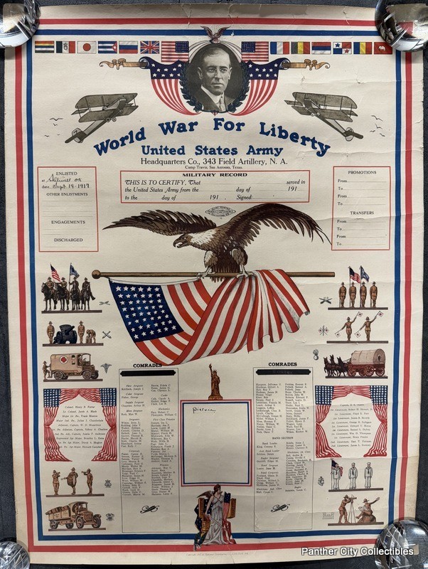 Original WWI Camp Travis San Antonio Texas Army Roster Poster Field Artillery