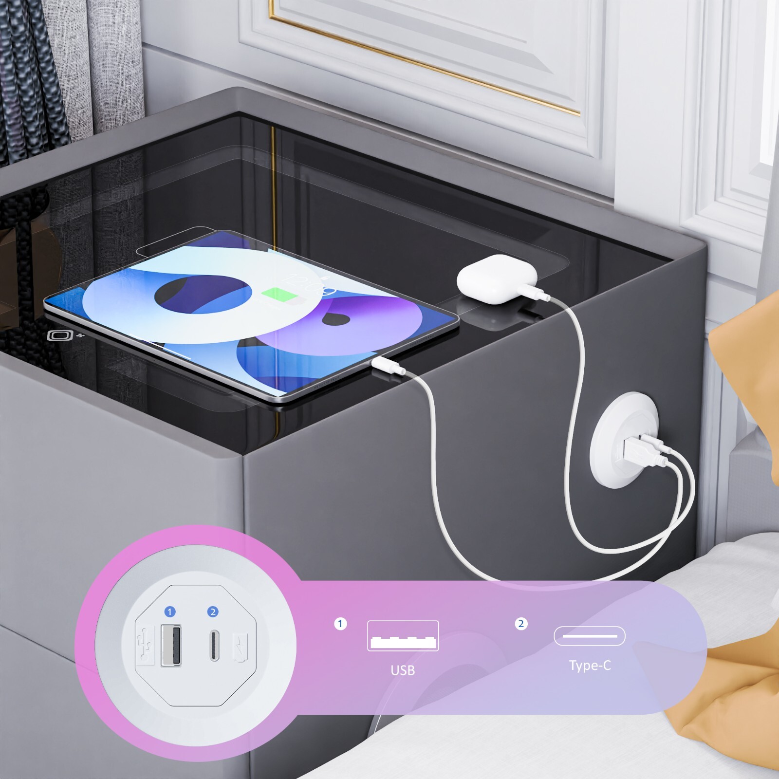 Dark Gray Double Drawer Smart Bedside Table with Safe + Wireless Charging