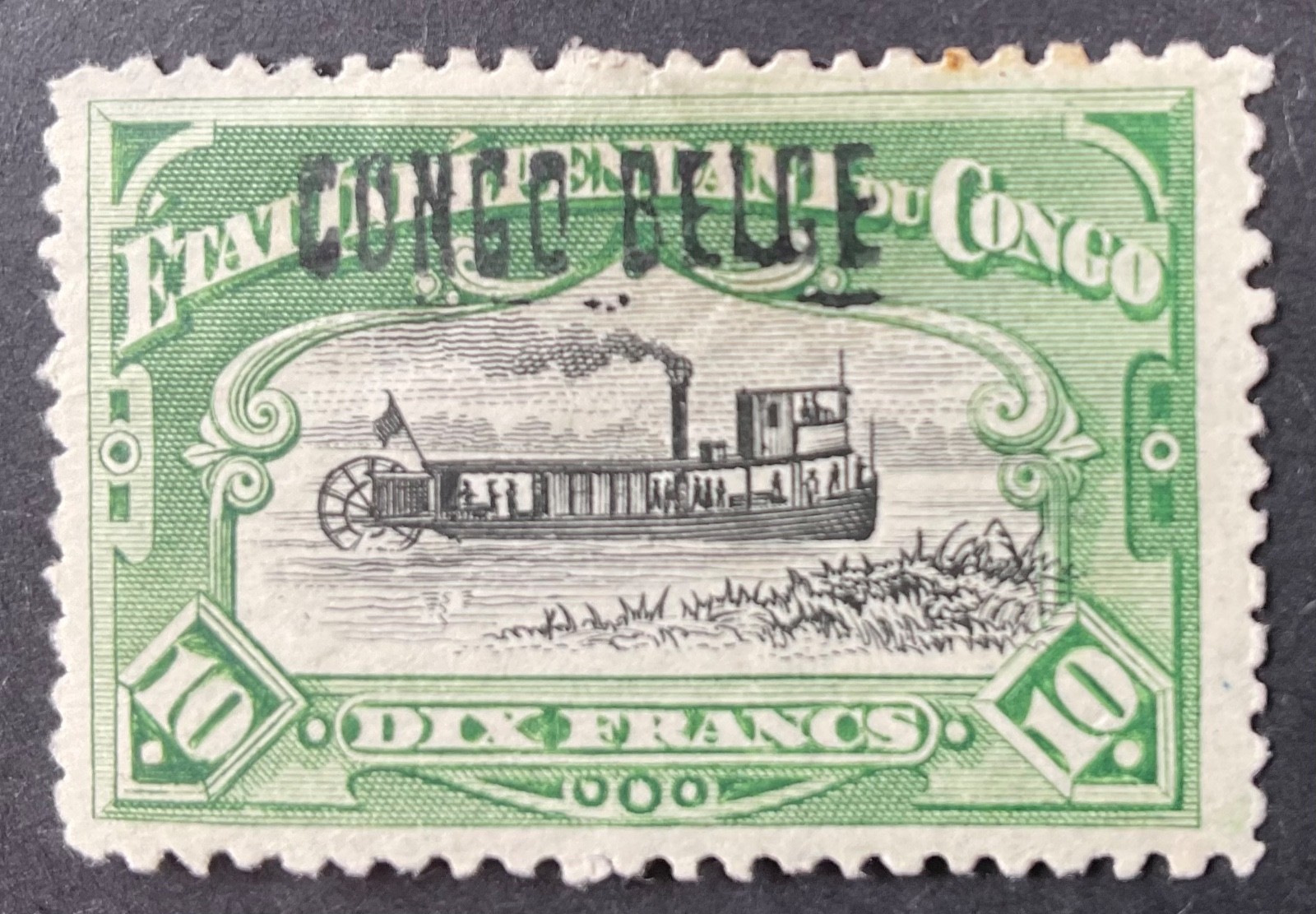 Belgium Congo 1909 10 franc black & green stamp with ovpt mint hinged sg45a