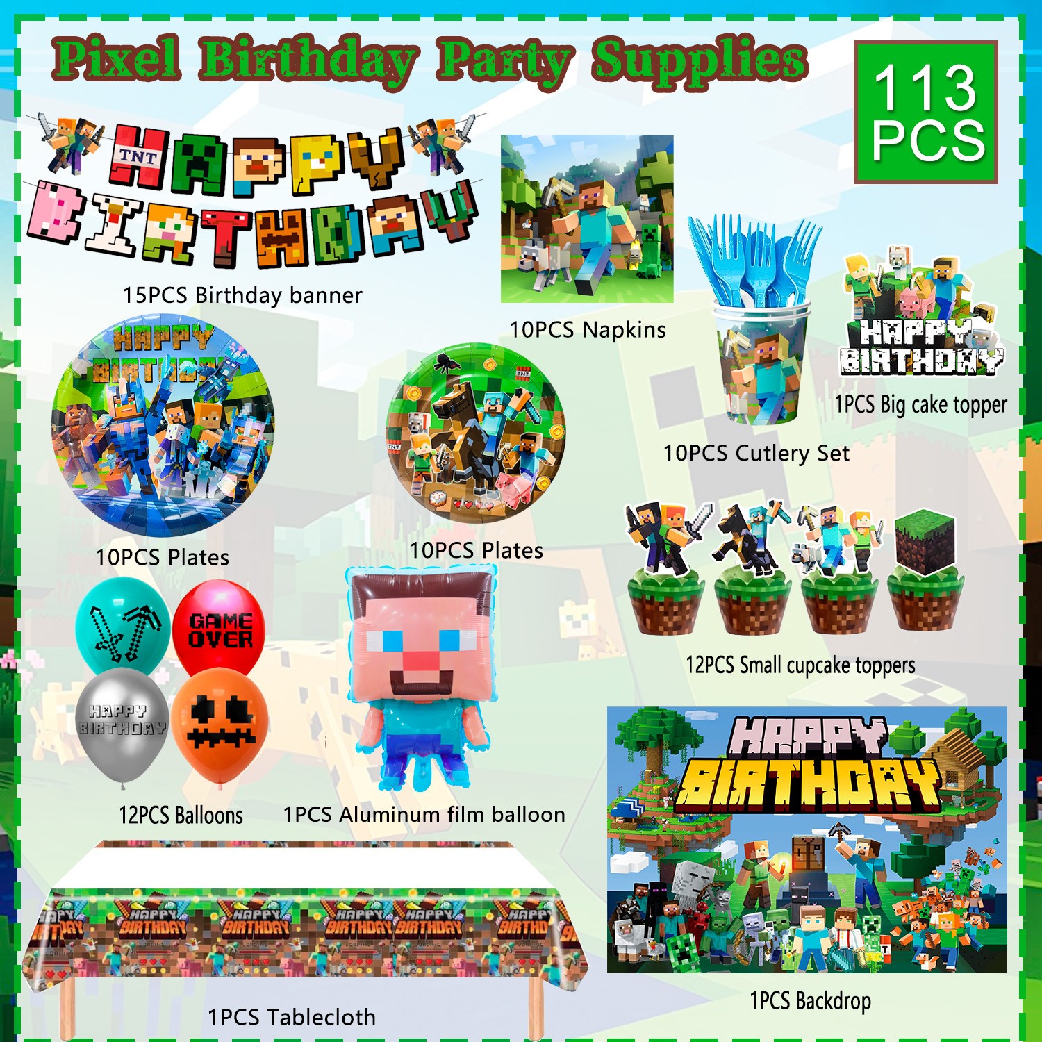 113 Minecraft Birthday Party Decorations Tableware Balloons Banner Plates Cups