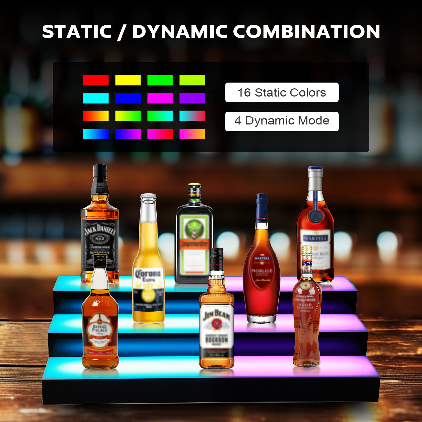 3 Tiers 30 Inch LED Lighted Liquor Bottle Display, Adjustable Brightness & Color