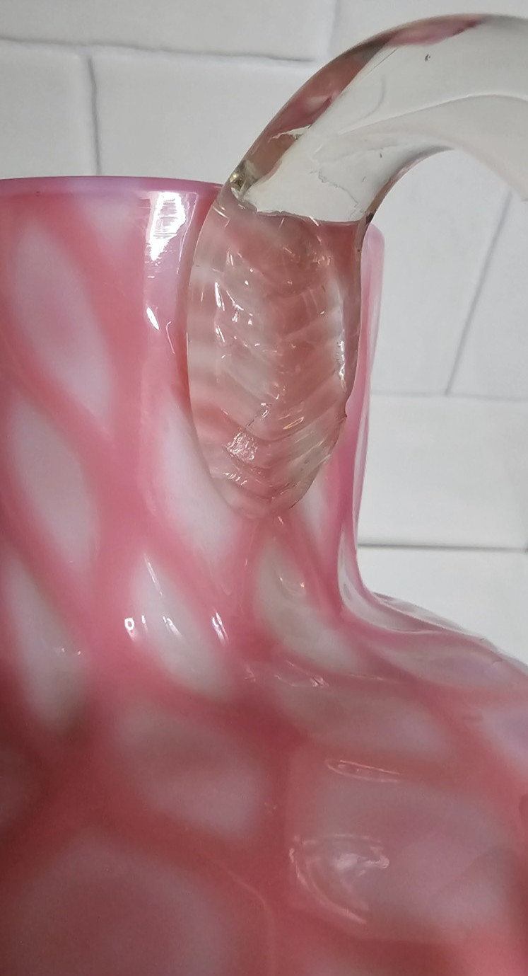 EAPG Victorian Glass Opaque Pink White Lattice Pitcher Jug