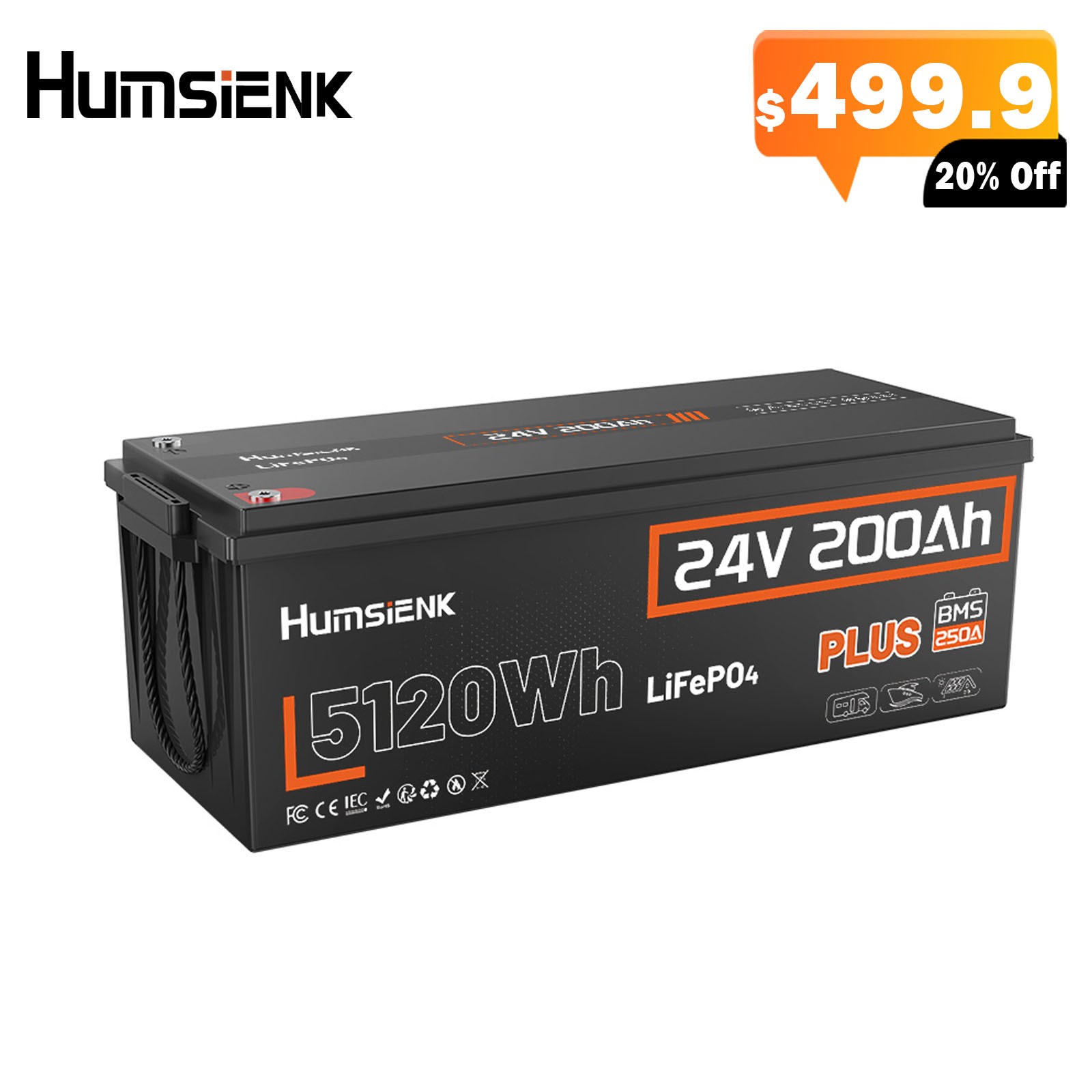 HumSienk 5120Wh 24V 200Ah LiFePO4 Battery 250A Deep Cycle BMS Solar Off-grid