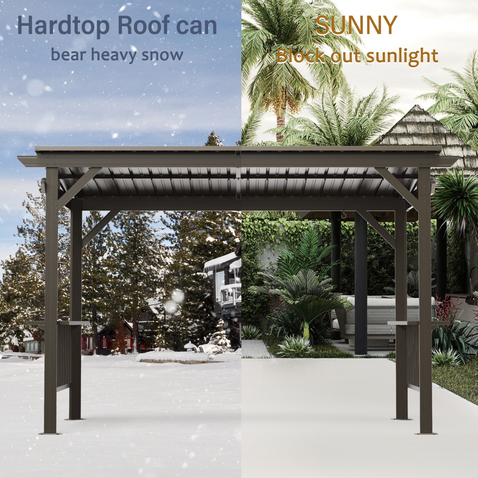 Domi Outdoor 6.5x12FT Hardtop Grill Gazebo w/2 Side Shelves &Ceiling Hook,Brown