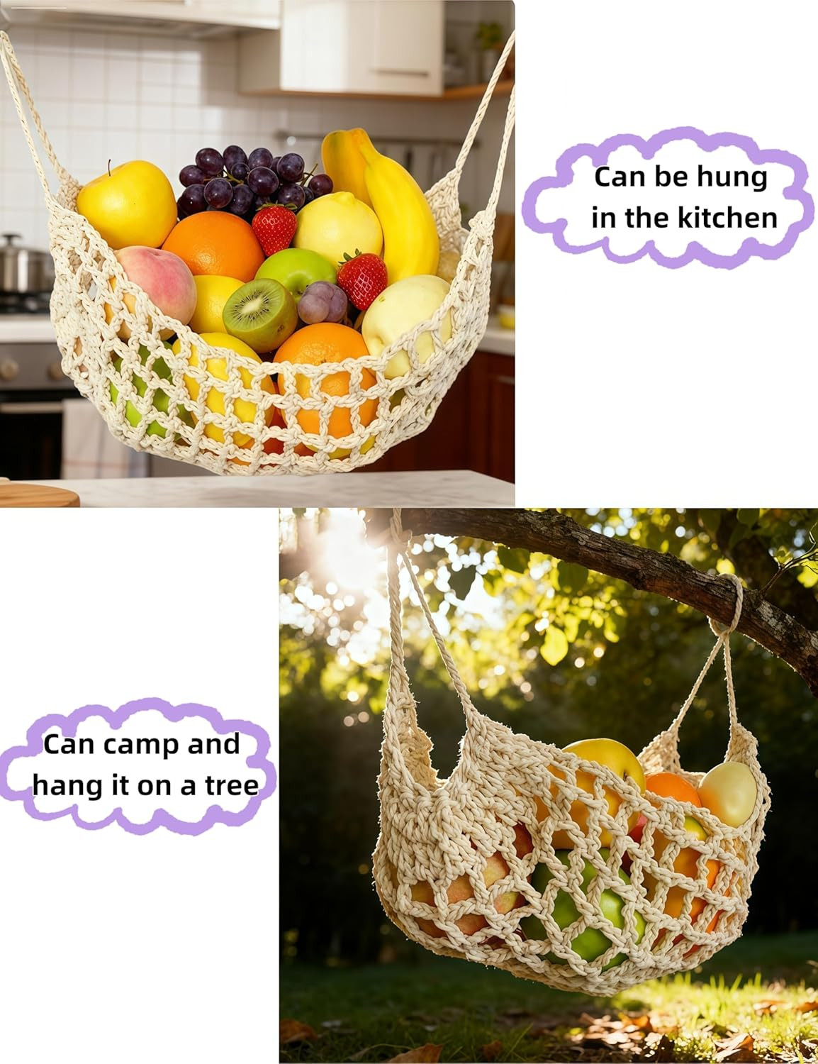 Pavnso 1 Park 16×12.5In Large Macrame Fruit Hammock, Kitchen Décor Storage under