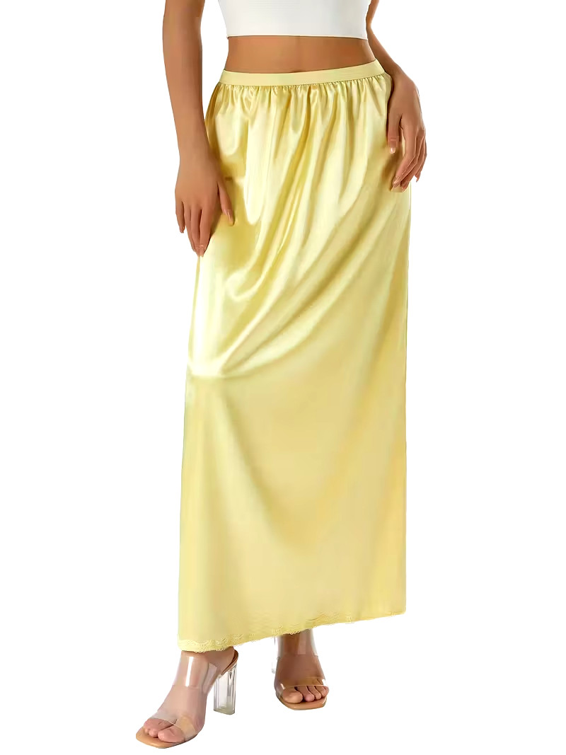 New Gorgeous Feminine Yellow Satin Lace Hem Long Half Slip Plus XL NEW
