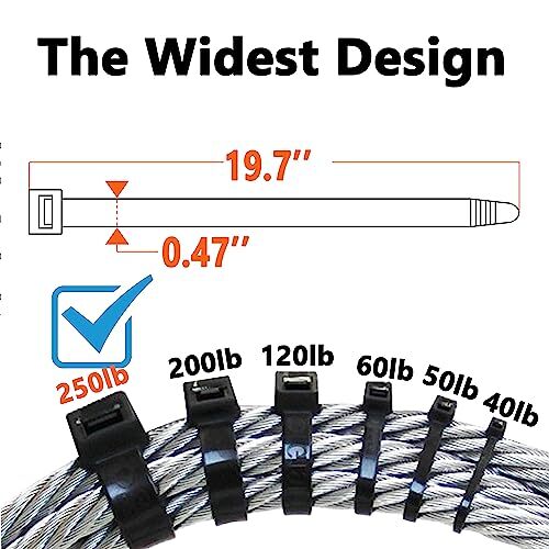 Black Zip Ties Heavy Duty 20 Inch Outdoor, 250lb Extra Large Assorted Sizes