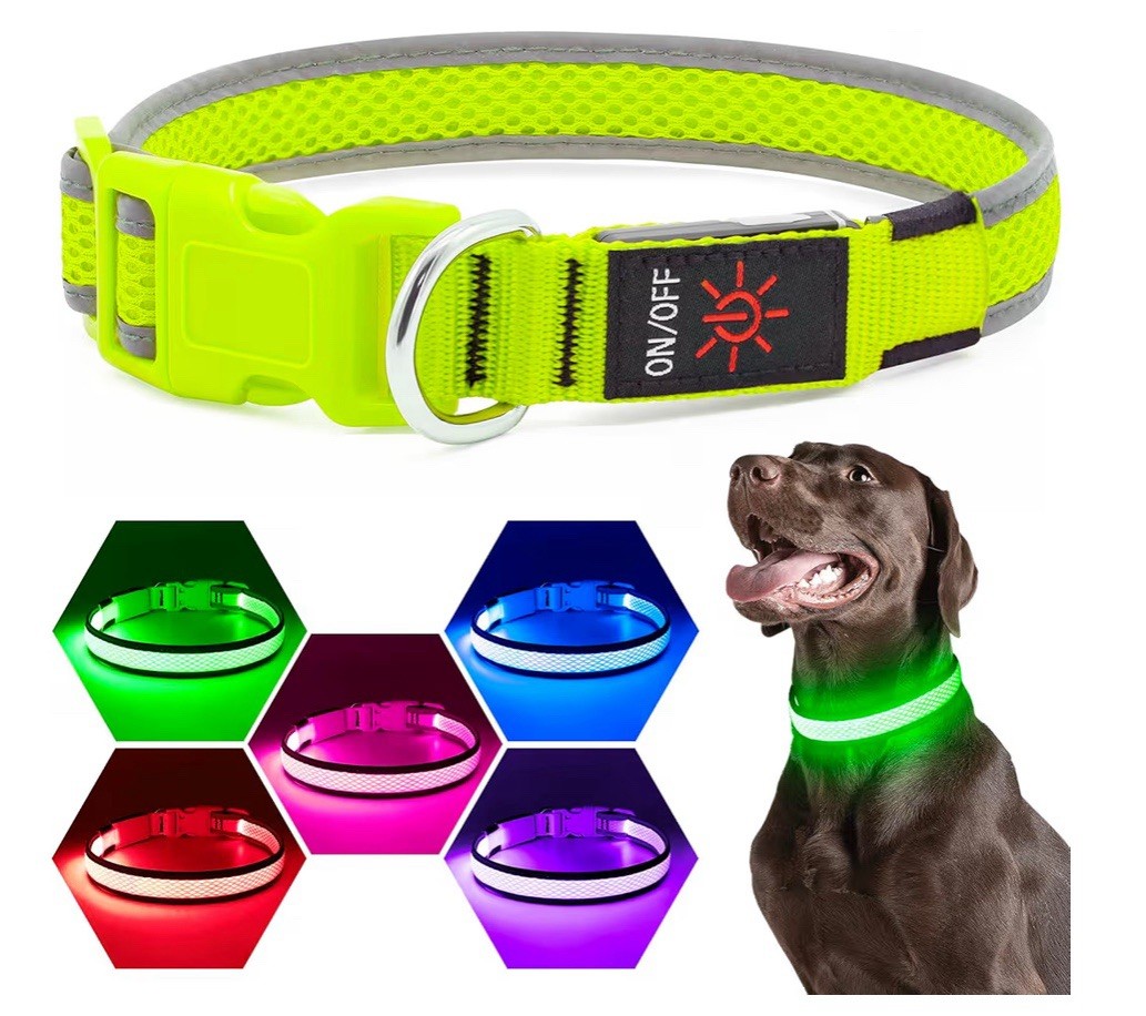 Flashseen Light Up LED Dog Collar, Dog Collar USB Rechargeable Large, Neon Green