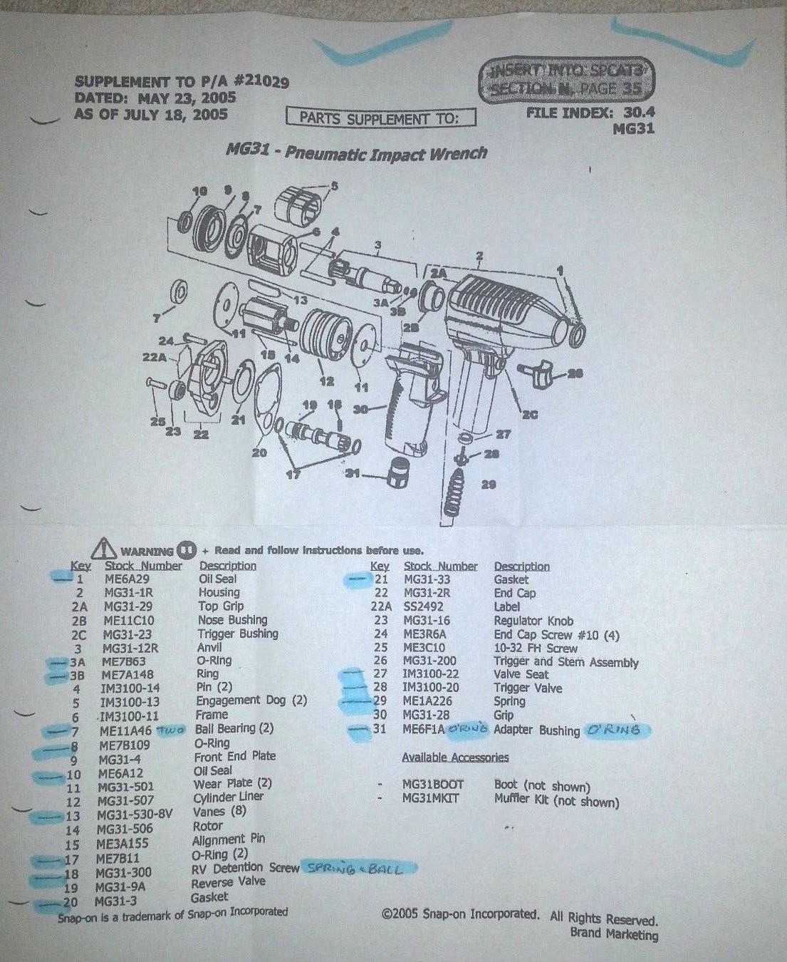 SNAP ON MG31 TUNE UP KIT WITH BEARINGS 3/8" DRIVE