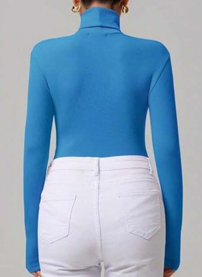 Reoria Women's 2X Blue Turtleneck Long Sleeve Bodysuit Ribbed Thong Leotard Top
