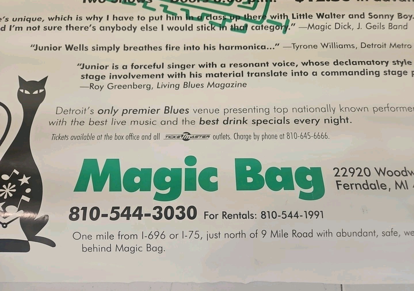 Vintage Blues Junior Wells Poster April 13 1996 Show At Magic Bag 21 3/4 × 17