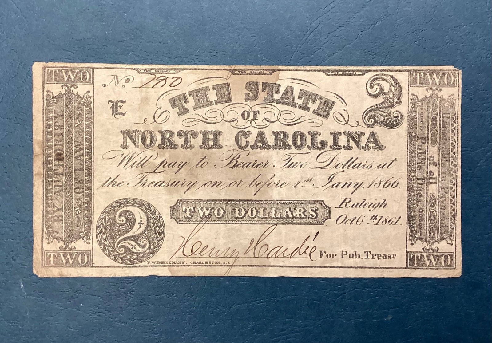 1861 $2 Two Dollars State of North Carolina Civil War Confederate Banknote cd