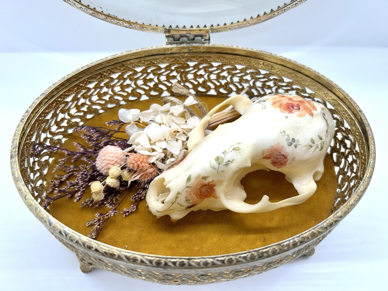 Embellished floral Raccoon Skull Vintage Ormolu/Casket Jewelry Box Dried Flowers