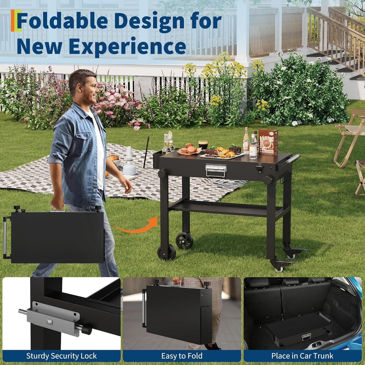 450LBS Portable Outdoor Grill Table Folding Grill Cart BBQ Prep Table w/ Wheels