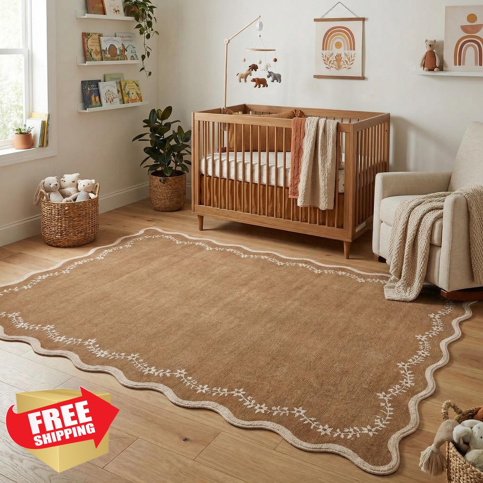 GarveeHome 4x6 Brown Scalloped Nursery Rug Washable Soft Non Slip