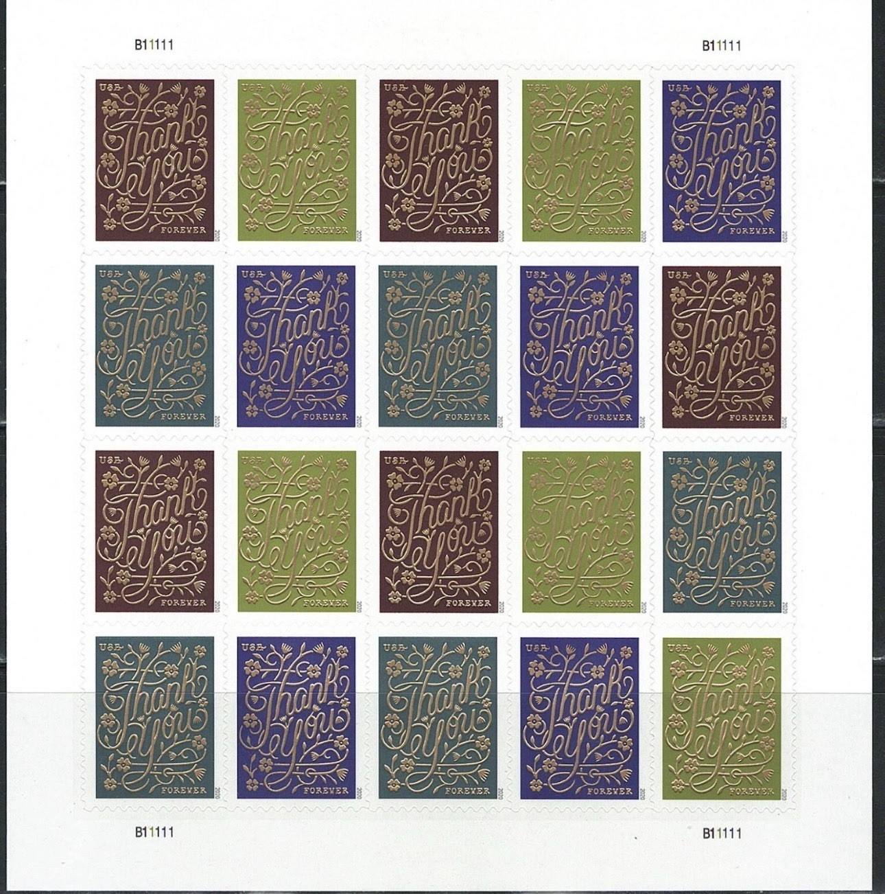 2020 USPS SHEET OF 20 FIRST CLASS LETTER STAMPS- THANK YOU STAMP 78¢