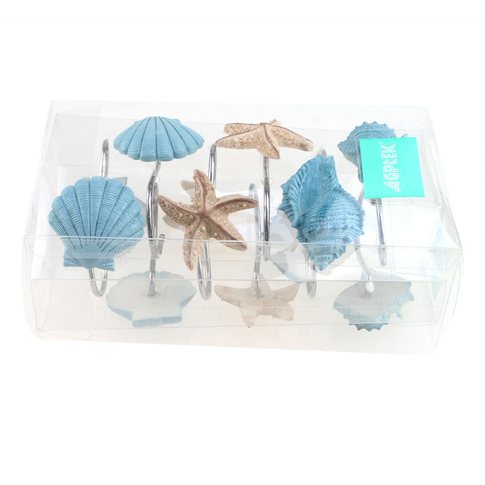 12Pcs Blue Decorative Seashell Bath Shower Curtain Hooks Bathroom Decor Rings